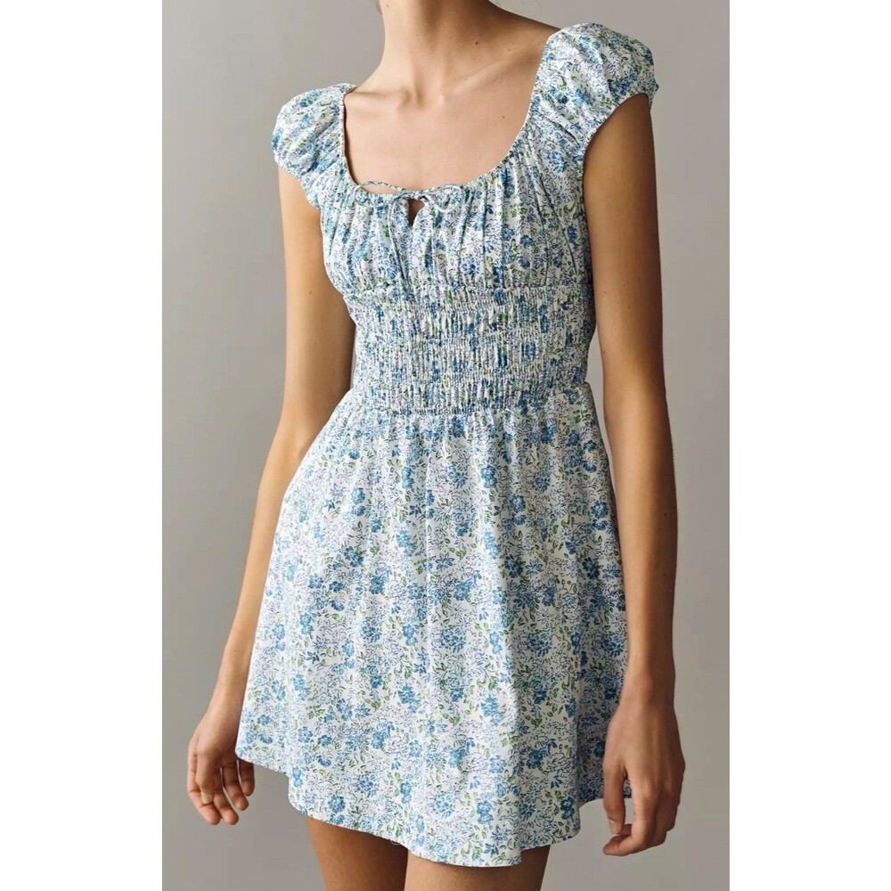 NWT Anthropologie Blue & White Floral Mini Dress Square Neck Puff Sleeve Size M